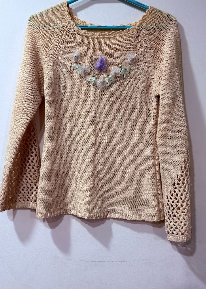 Beige Knit Sweater with Floral Embellishment