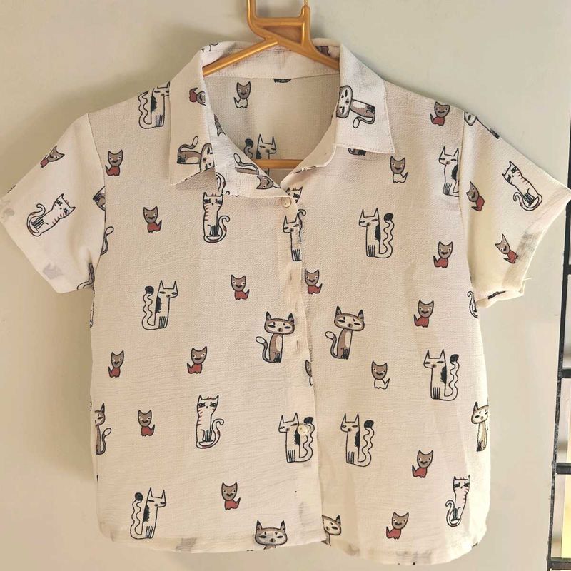 Cute Cat Print Button-Up Shirt