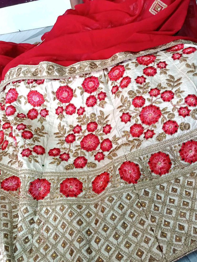 Red &amp; Ivory Floral Embroidered Lehenga