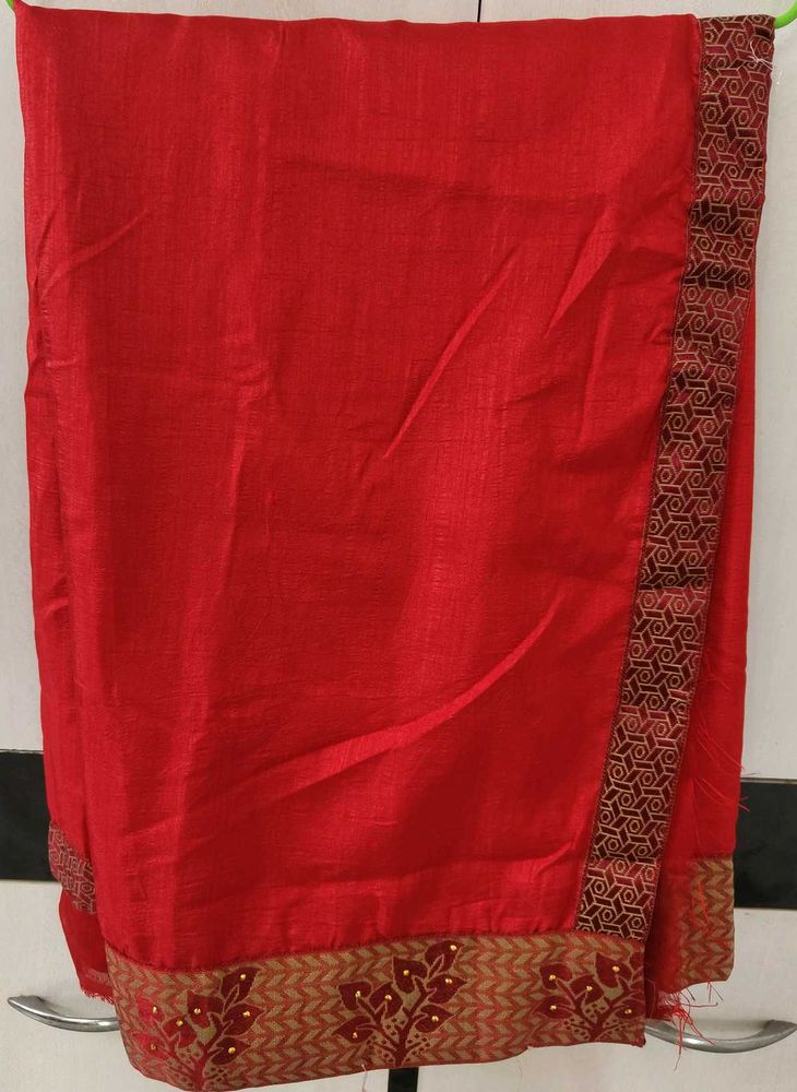 Vibrant Red Silk Saree with Embellished Border