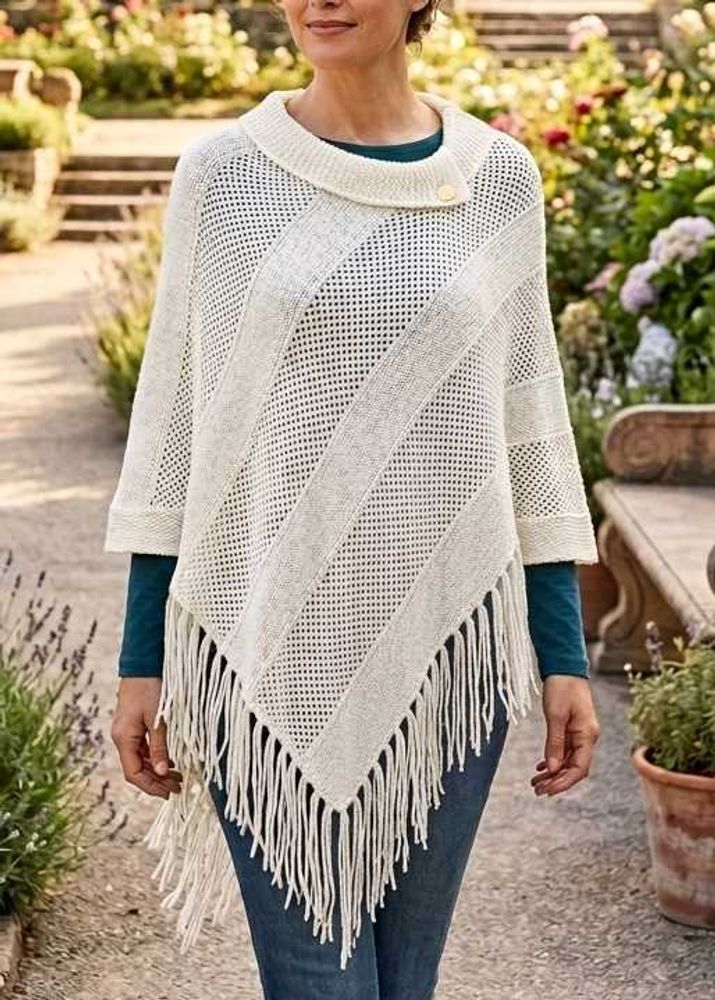 White Knit Poncho with Fringe