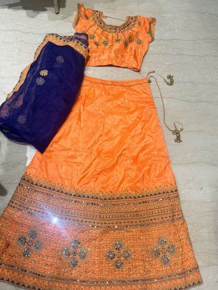 Orange Lehenga Choli with Blue Dupatta