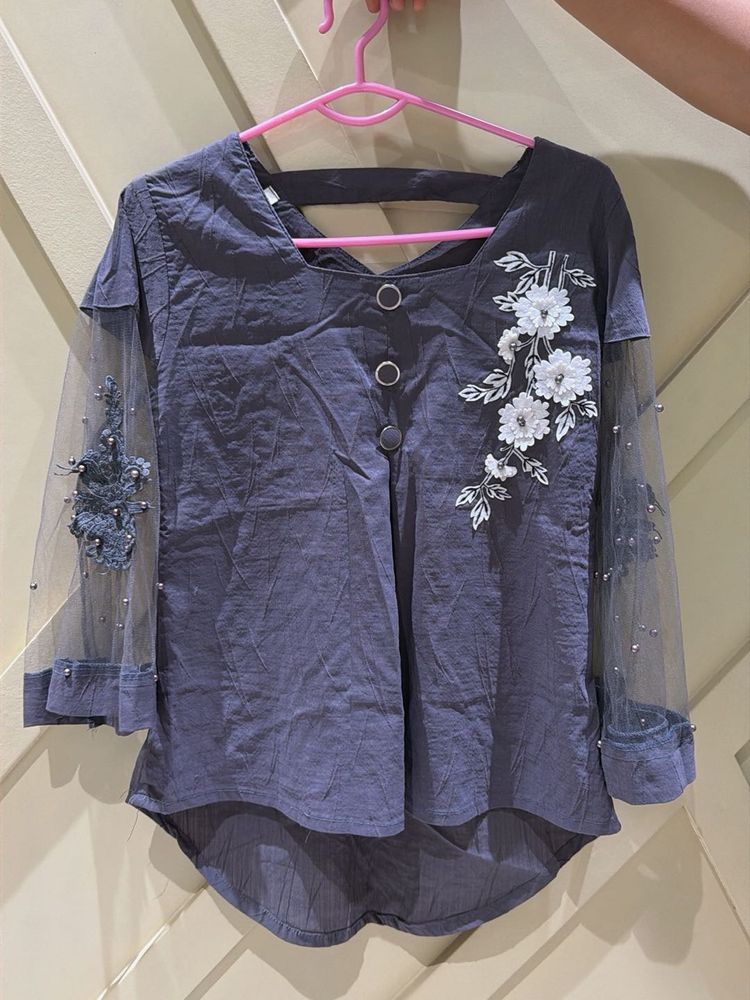 Stylish Grey Top with Net Sleeves