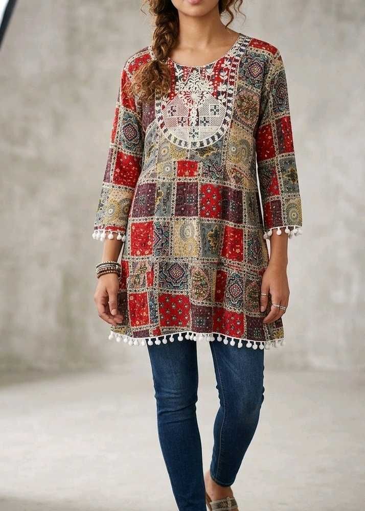 Boho Print Kurta with Tassel Trim