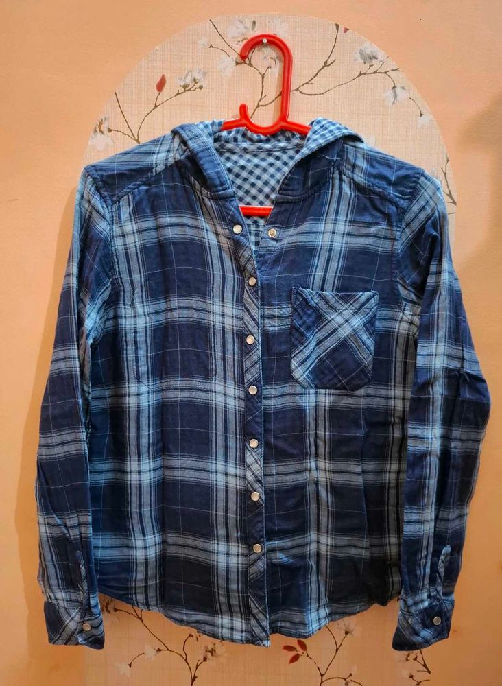 Blue Plaid Hooded Shirt