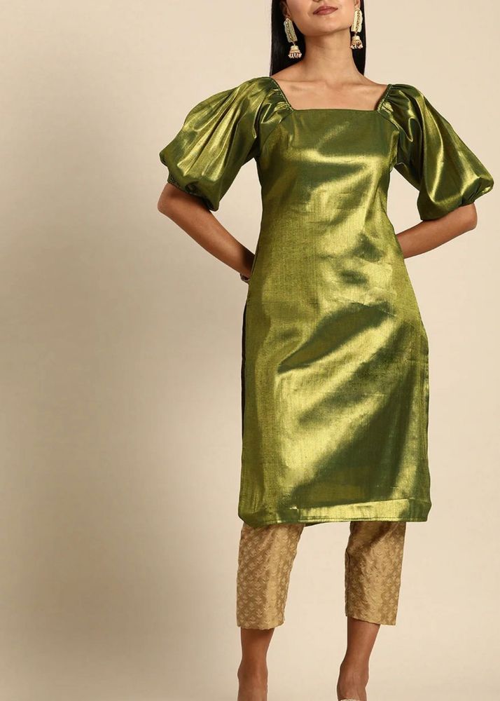 Anouk Shimmering Green Kurta with Puffed Sleeves