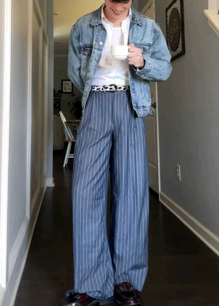Bluish Grey baggy barrel leg pinstriped pants