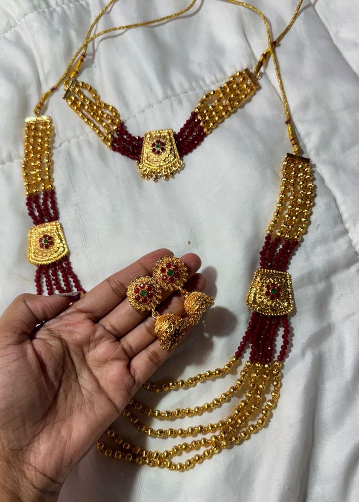 Unused Elegant Gold and Maroon Beaded Necklace Set