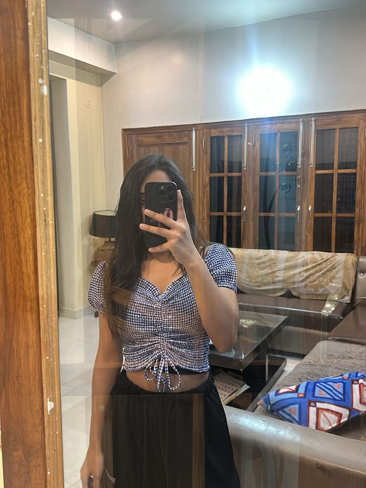Blue Checkered Off-Shoulder Top