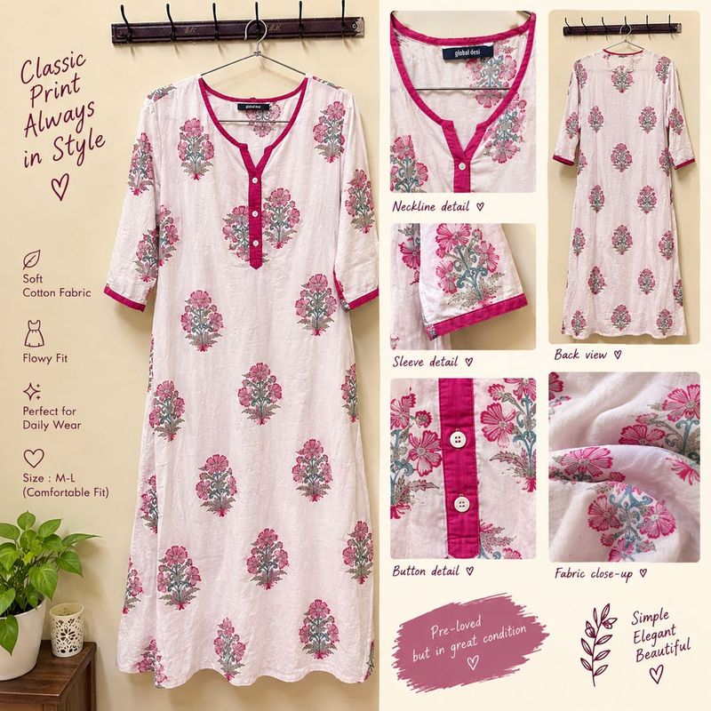 White Floral Print Kurta - Global Desi
