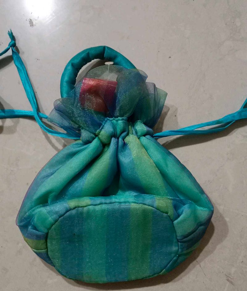 Teal Striped Drawstring Pouch