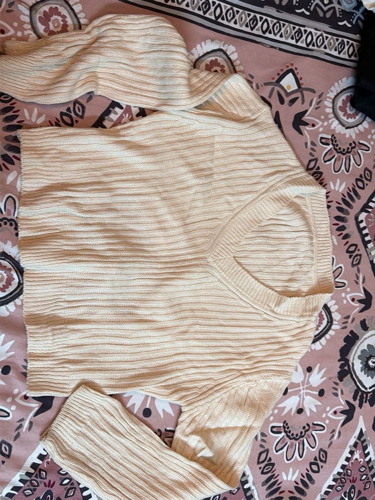 Cream Ribbed V-Neck Sweater