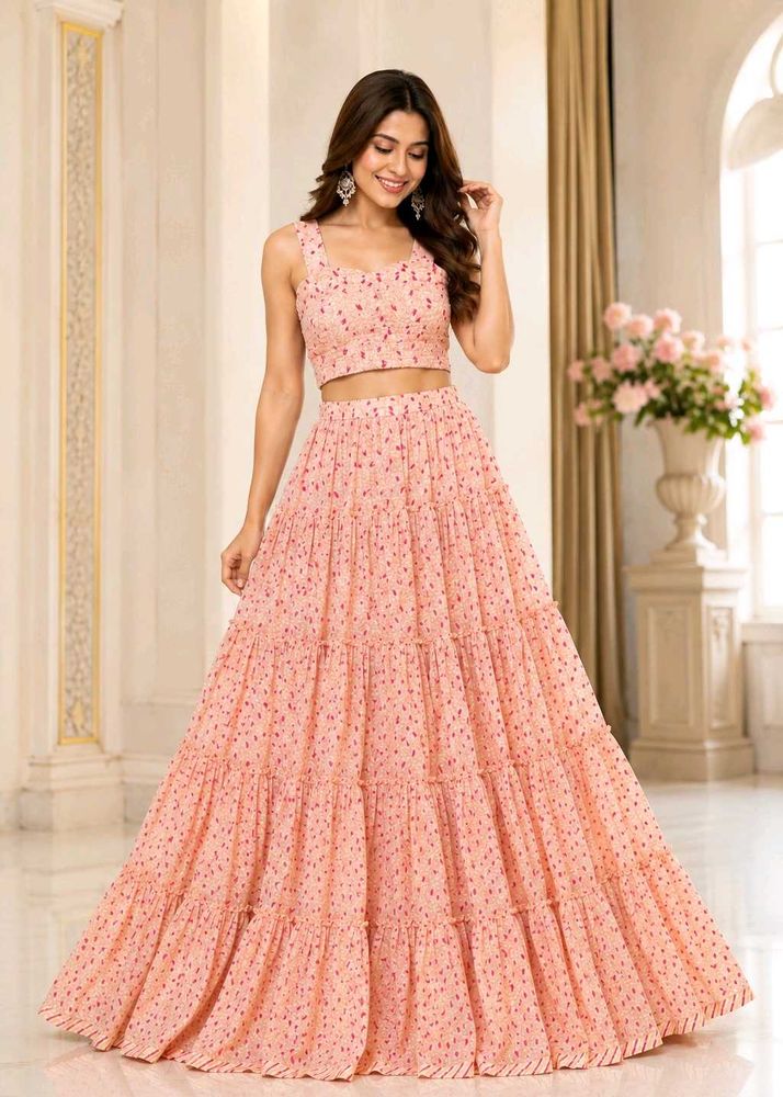Peach Floral Tiered Lehenga Set