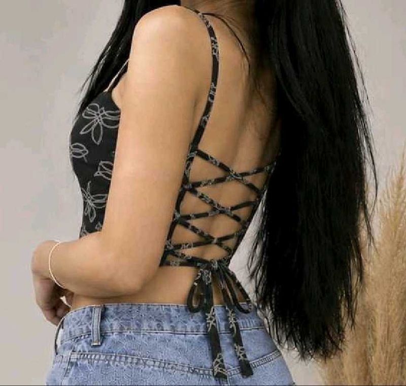 Black Bow Print Backless Lace-Up Crop Top for Wome