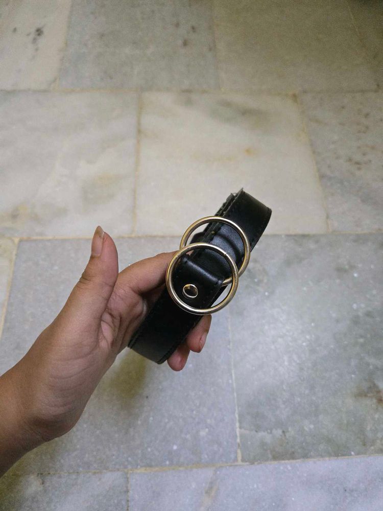 Chic Black Belt with Double Ring Buckle