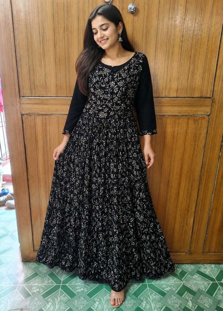 Black Embroidered Ethnic Gown with Dupatta