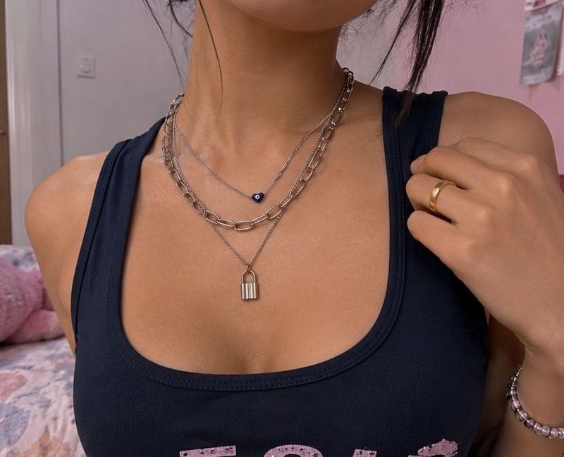 Layered Necklace with Lock &amp; Evil Eye Charm