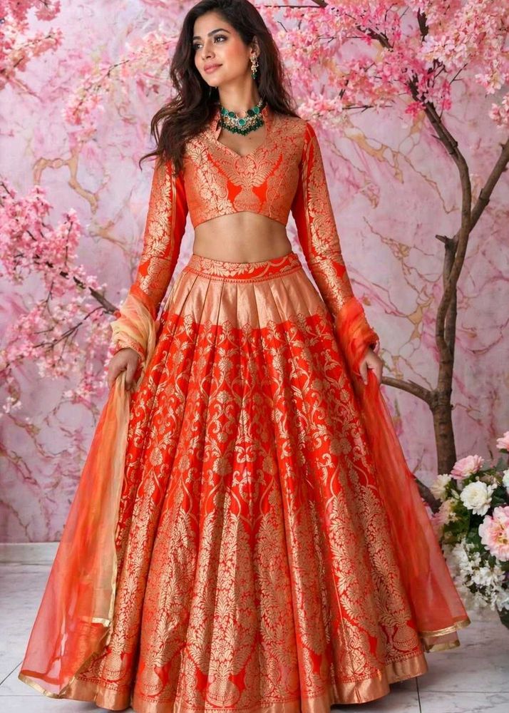 Stunning Orange &amp; Gold Brocade Lehenga Choli
