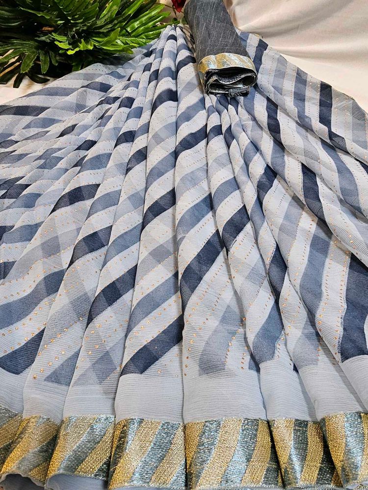 Striped Saree with Silver Border