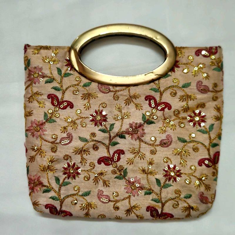 Embroidered Clutch with Golden Handle
