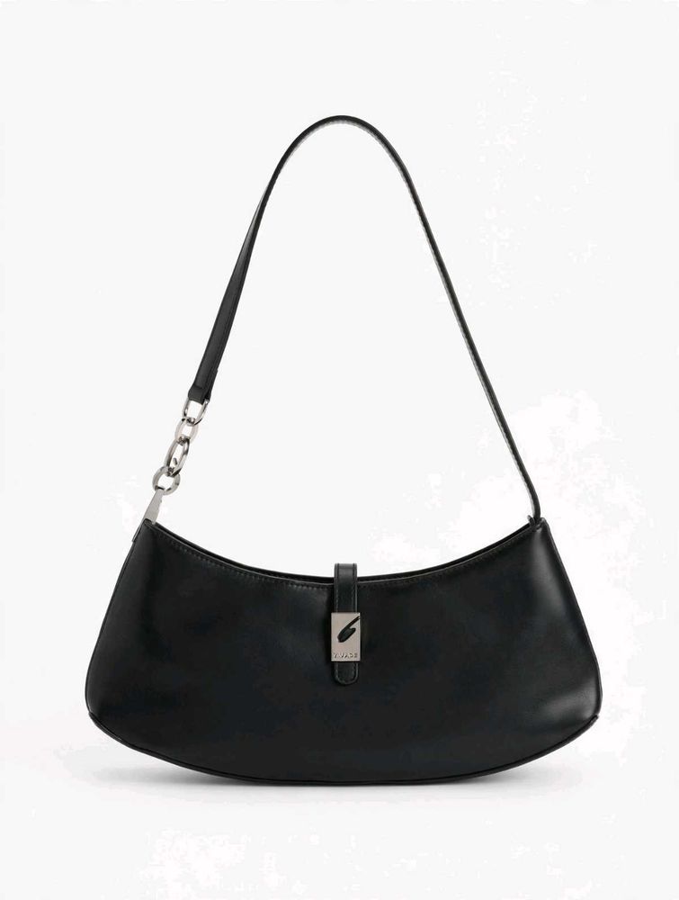 Black Baguette Shoulder Bag with Silver Clasp - Y2