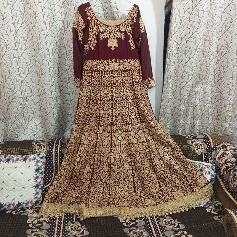 Maroon &amp; Gold Embroidered Ethnic Gown
