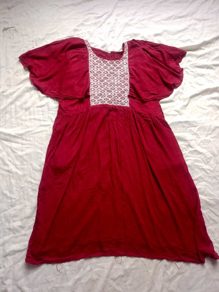 Red Ethnic Gown with White Embroidery