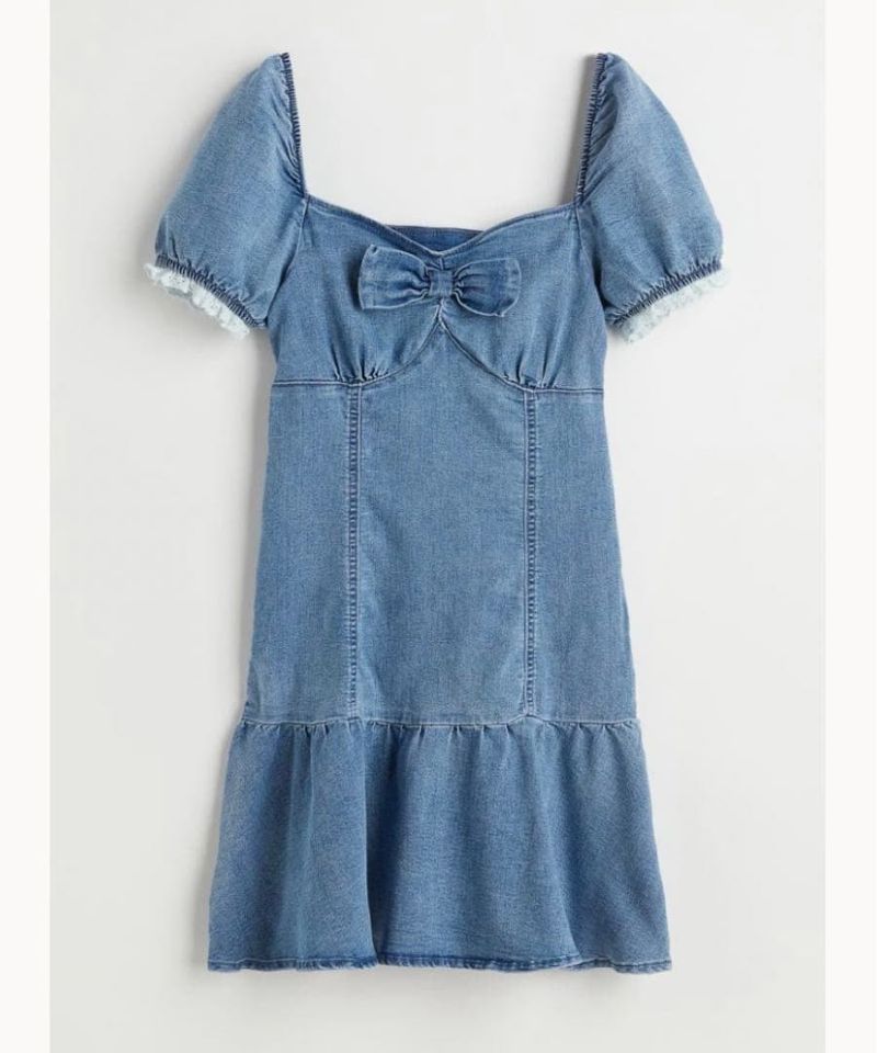H&amp;M Denim Puff Sleeve Bow Dress