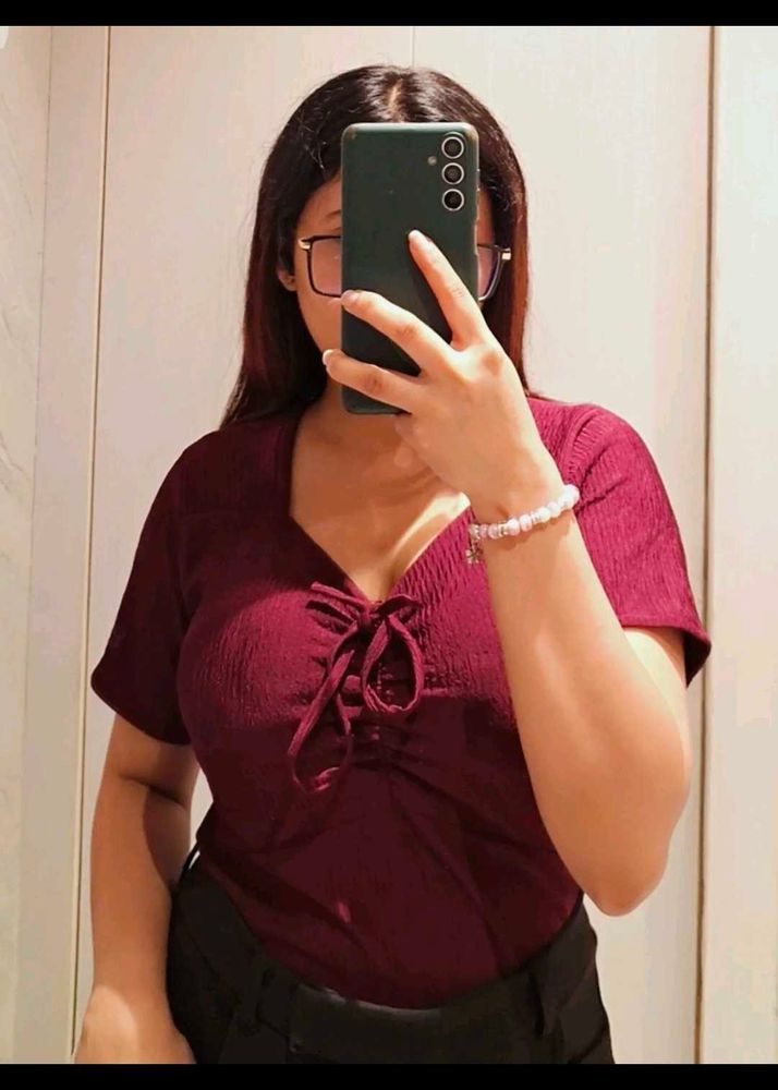 Burgundy V-Neck Tie Top
