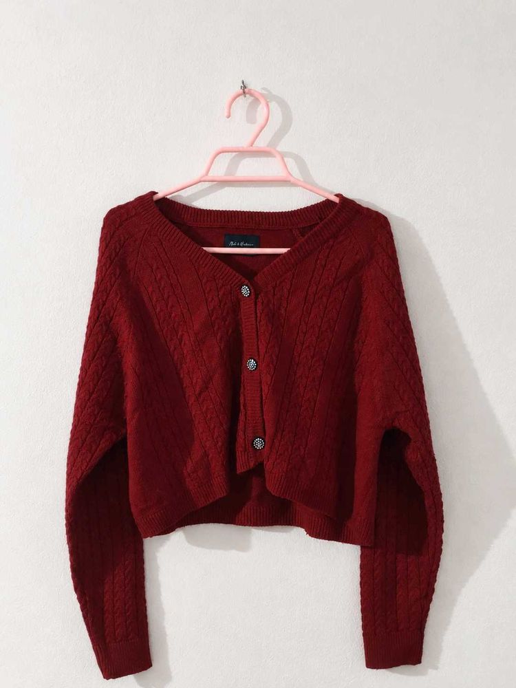 Chic Maroon Cable Knit Cropped Cardigan