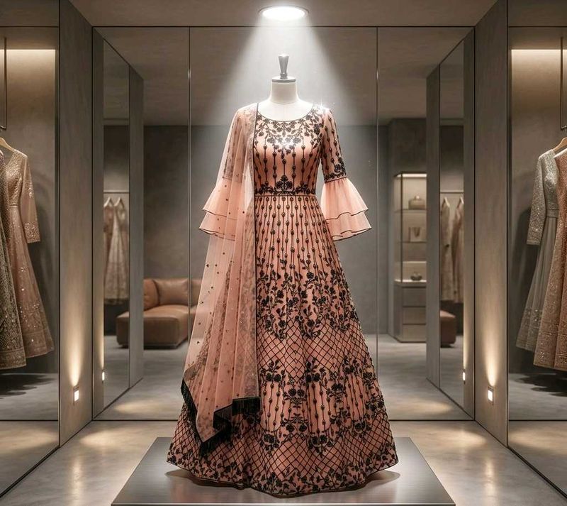 Peach &amp; Black Embroidered Anarkali Gown with dupat