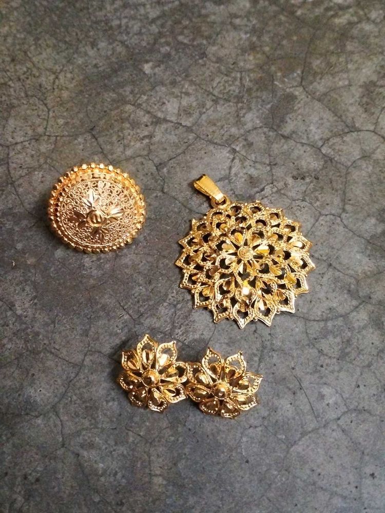 Gold Floral Jewelry Set: Earrings &amp; Pendant&amp;Ring