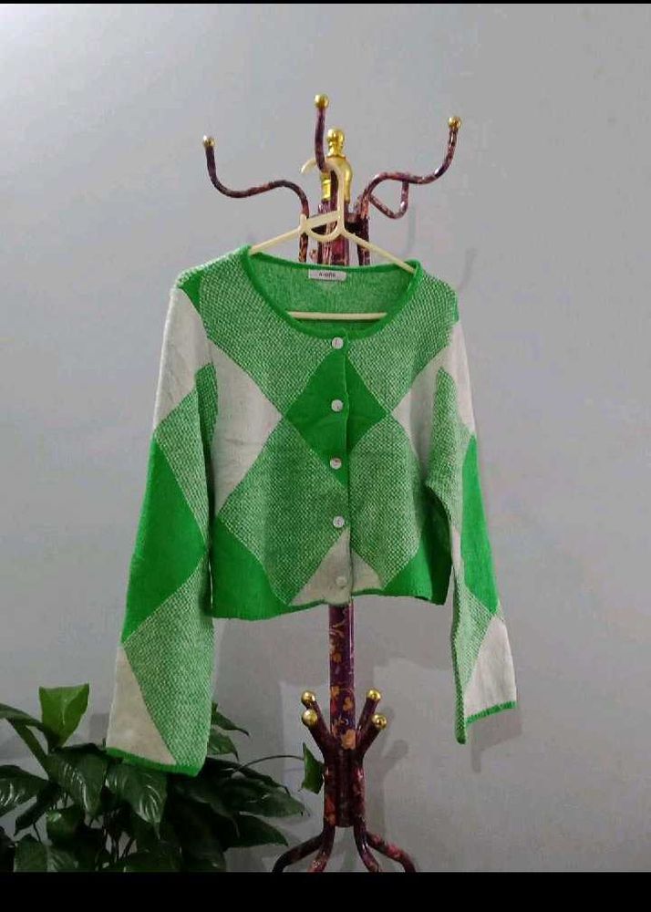 Green &amp; White Diamond Pattern Cardigan