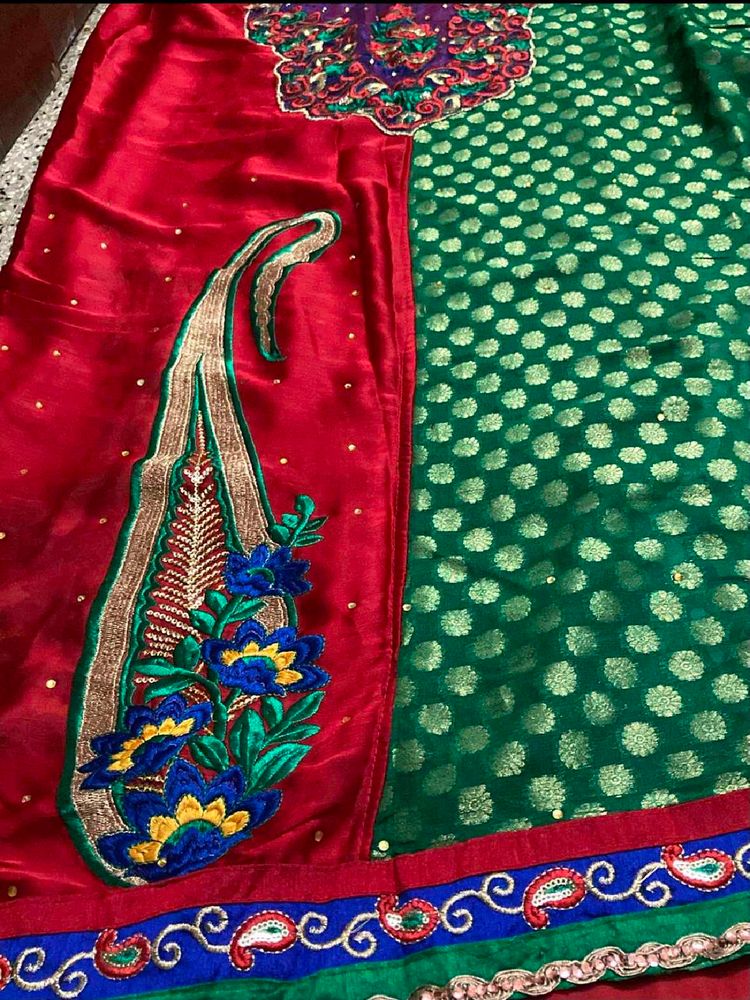 Red &amp; Green Embroidered Saree