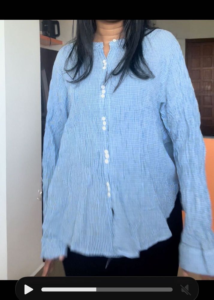 Casual Blue Striped Crinkle Shirt