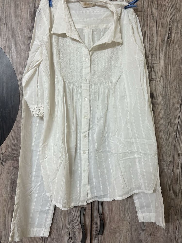 Elegant White Textured Button-Up Shirt cum Co-ord