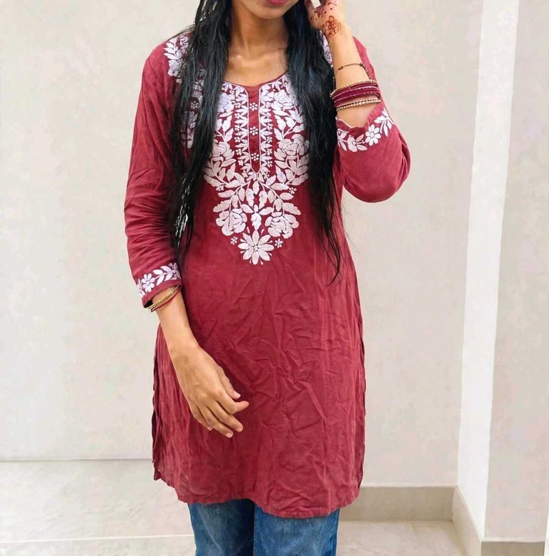 Maroon Kurta with White Embroidery