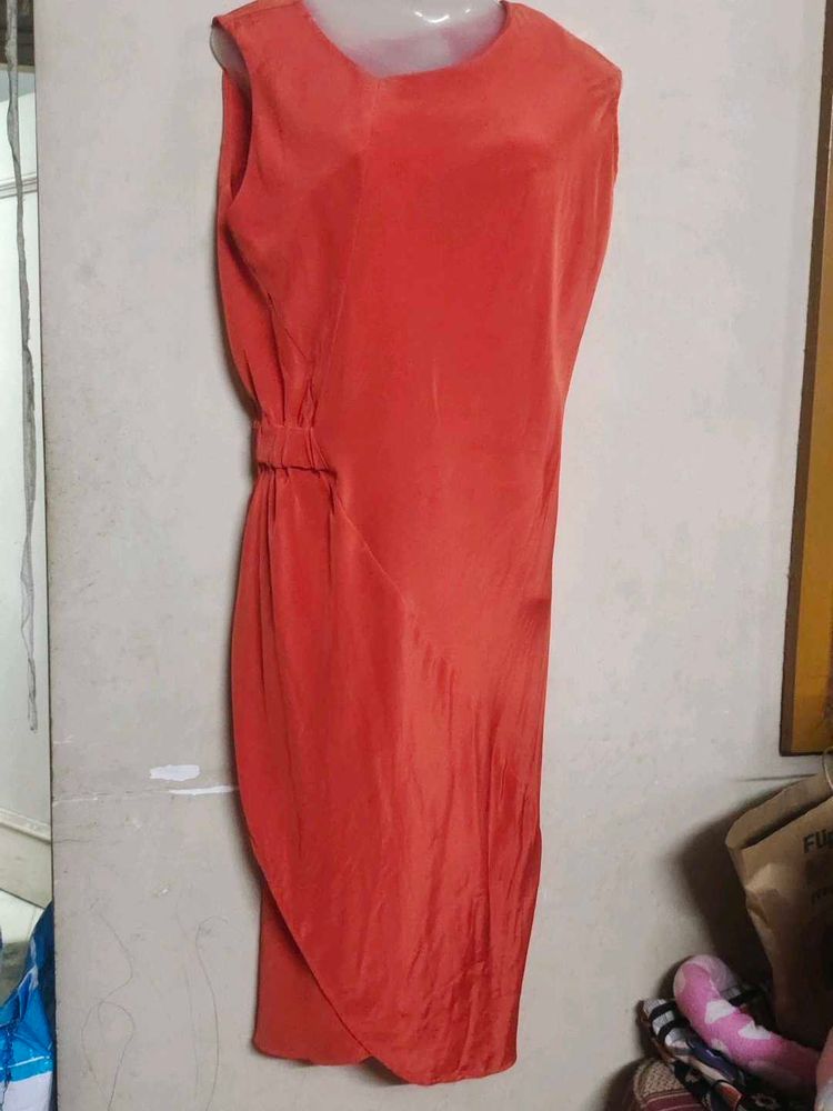Chic Orange V-Neck Sleeveless Midi Dress