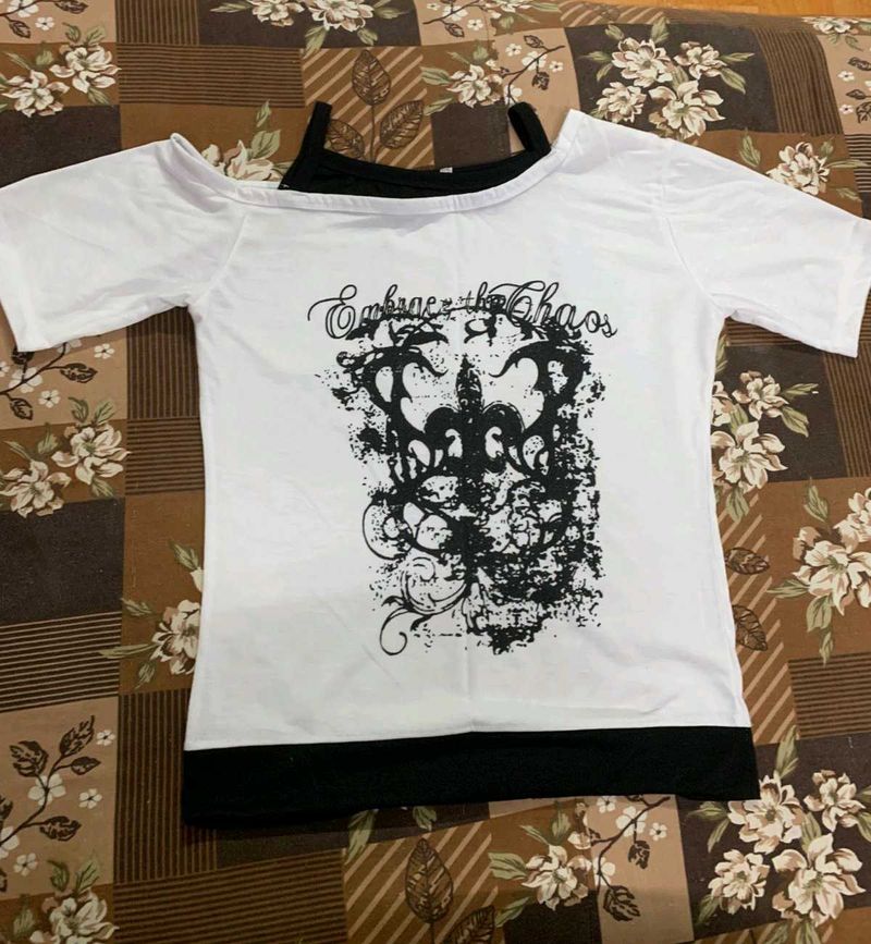 White &amp; Black Graphic Print Cold Shoulder Top