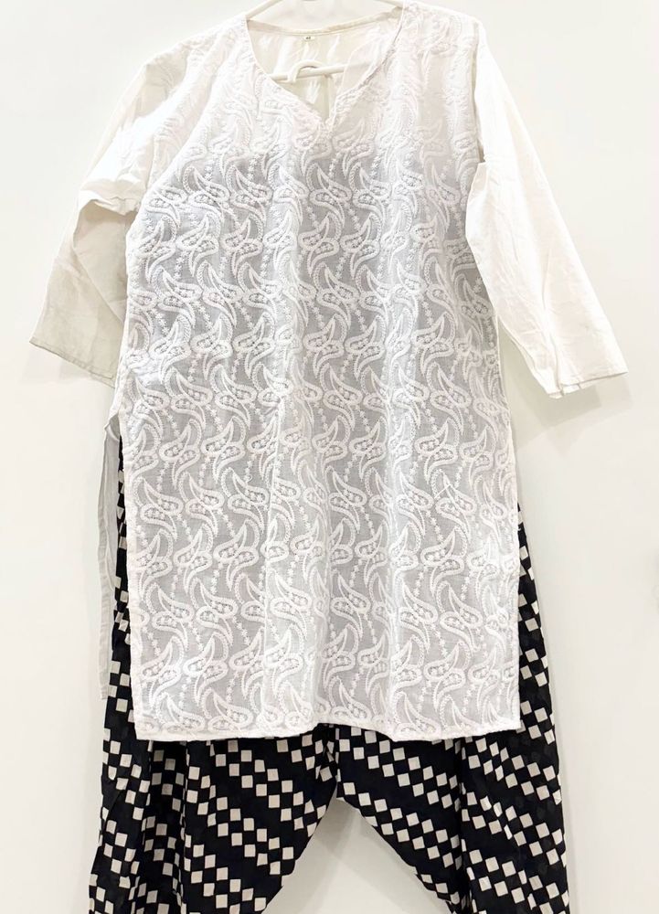 White Thread Work Kurta with Black Salwar