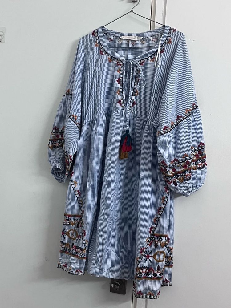 Boho Embroidered Striped Tunic Top