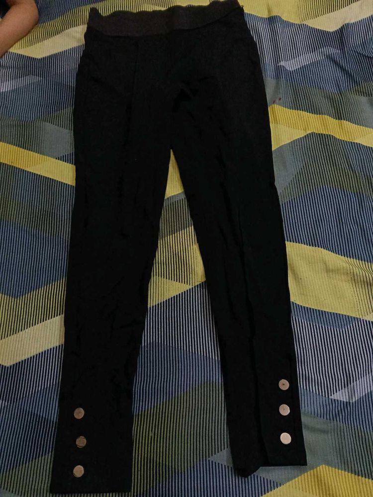 Black Textured Pants with Button Detail