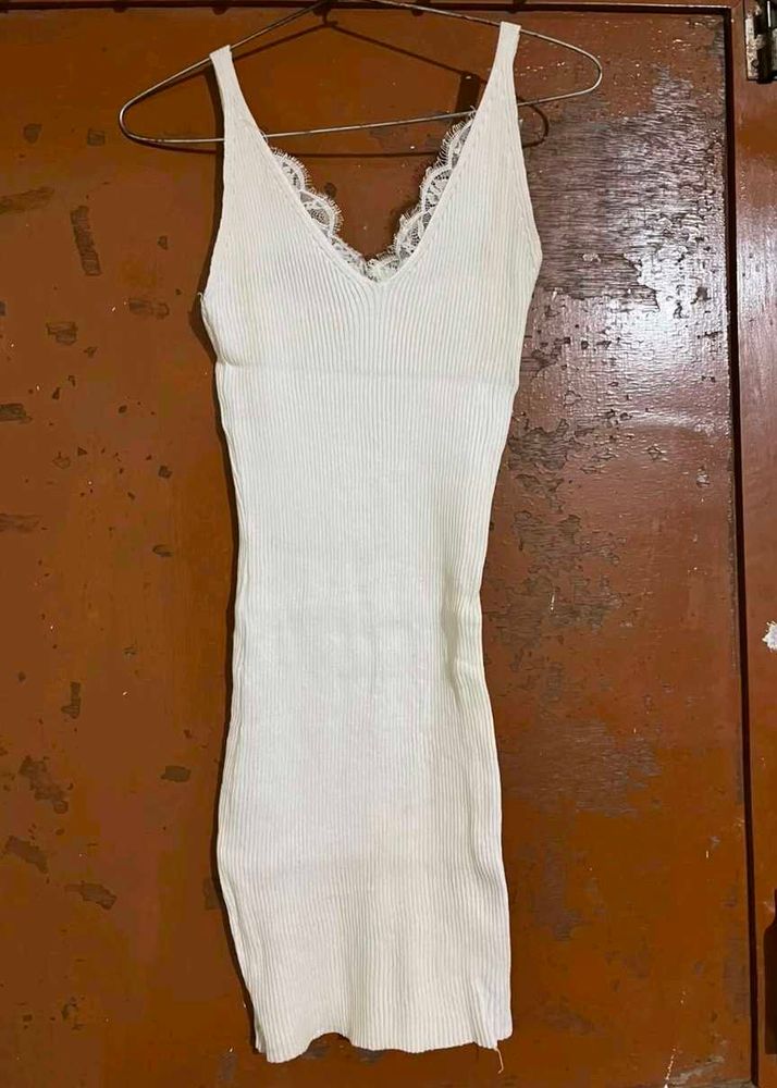 White Ribbed Lace Trim Mini Dress