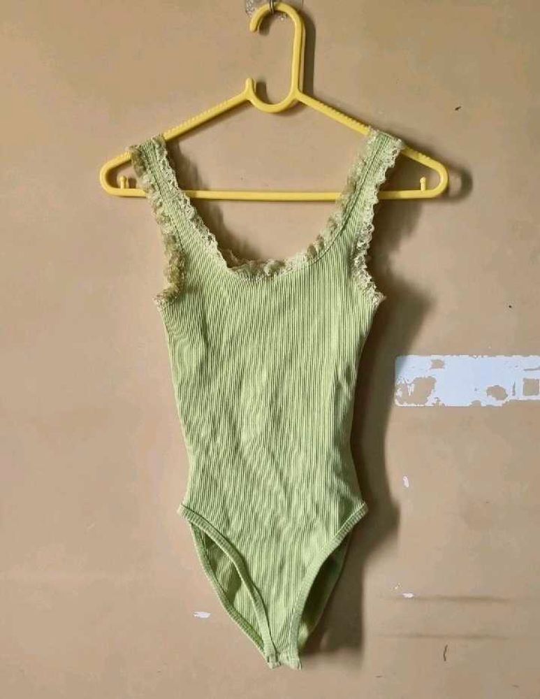 Green Ribbed Bodysuit with Lace Trim