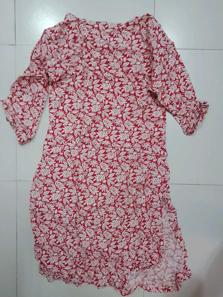 Red Floral Print Button-Down Dress