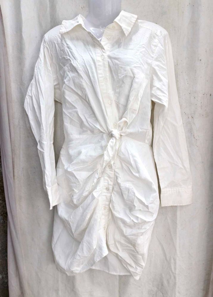 I. Chic White Ruched Shirt Dress