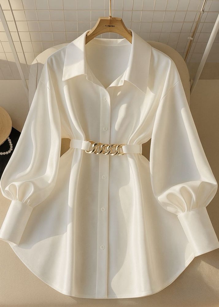 Chic White Button-Down Shirt with Belt
