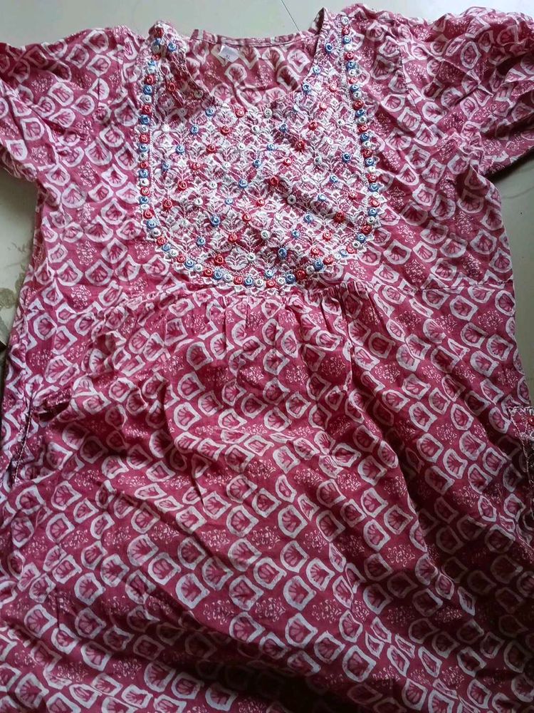 Pink Printed Kurta with Embroidered