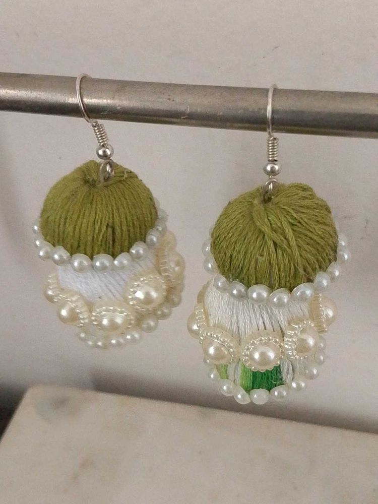 Handmade Green Jhumka Earrings with Pearls