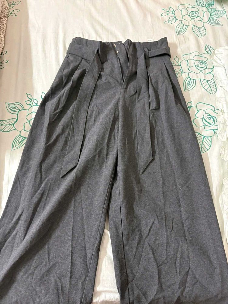 Zara Gray Wide Leg Pants with Tie Belt